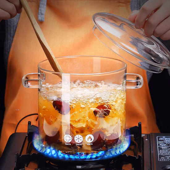 Panela para sopa de macarrão de vidro borosilicato à prova de fogo com cabo e tampa de vidro